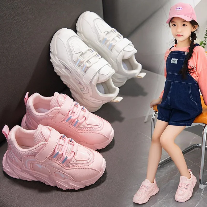 Girls' Sports Shoes Leather Autumn New Children's White Shoes Non-Slip Medium and Big Children Schoolgirl Casual Shoes