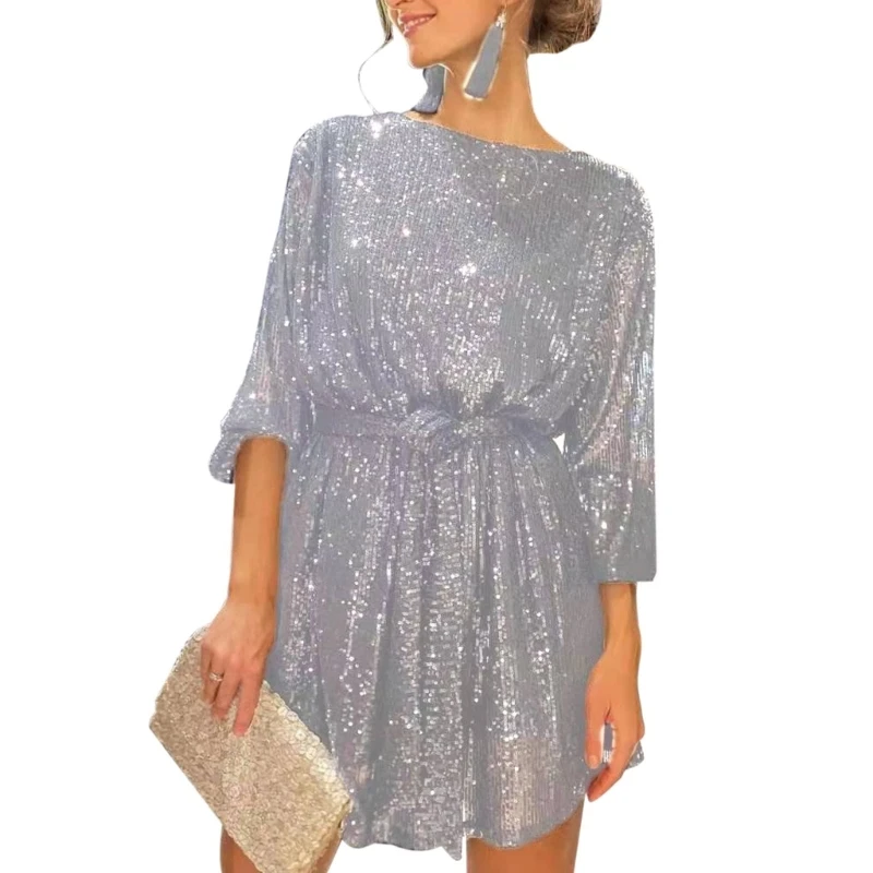 Womens Puff Long Sleeve Glitter Sequin Dress with Belt Evening Wedding Bridesmaid Sparkly Loose Fit Mini Short Dresses