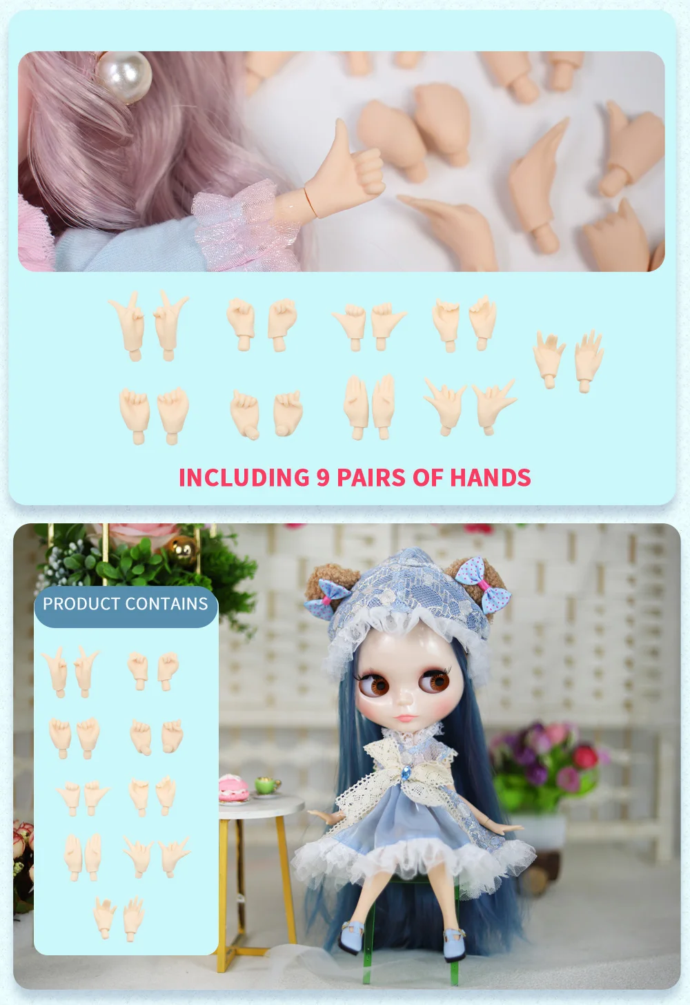 Hazel - Premium Custom Neo Blythe Dukke med blått hår, hvit hud og skinnende søtt ansikt 2