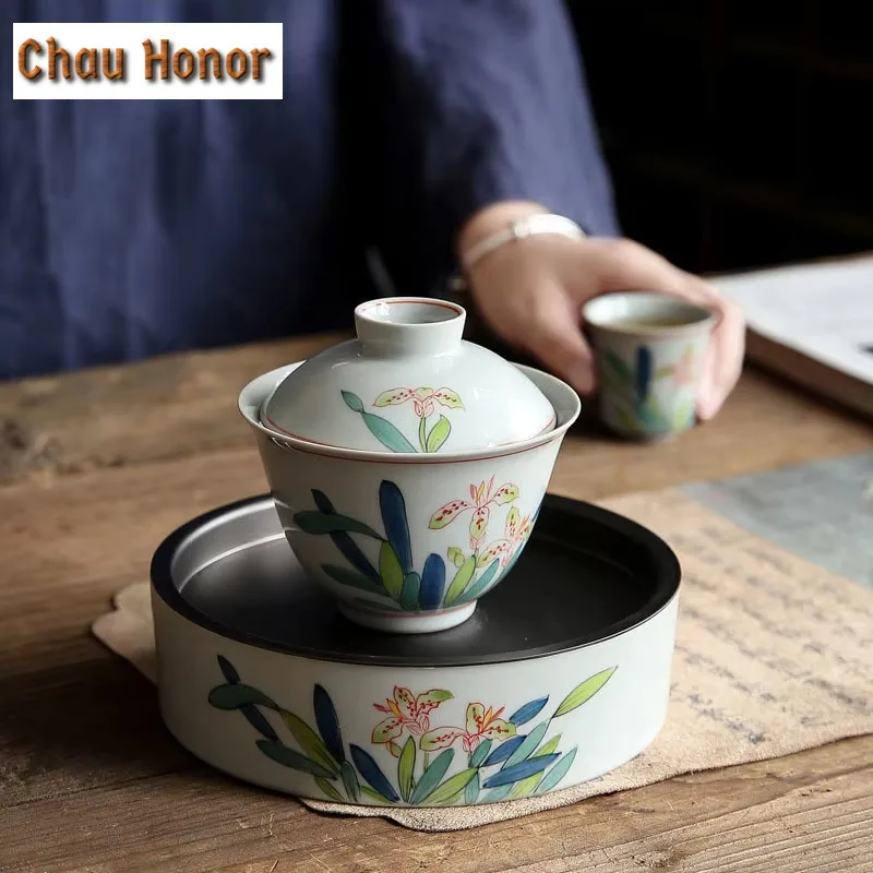 150ml Japanese Underglaze Color Hand-painted Iris Flower Gaiwan Ceramic Kung Fu Tea Set Tea Ceremony Drinkware Customized Gift