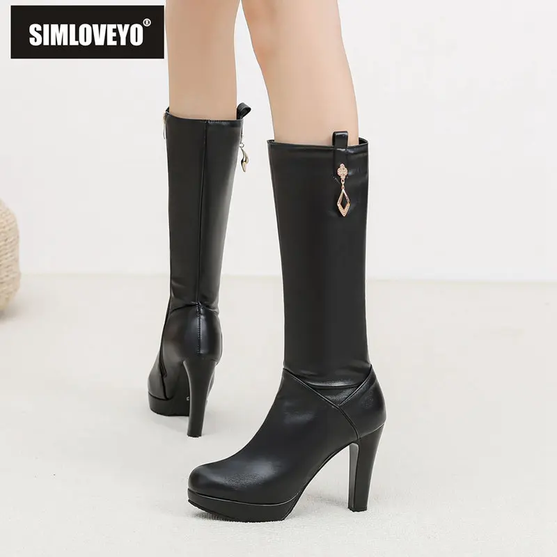 

SIMLOVEYO Sweet Women Long Boots Round Toe Chunky Heels 10cm Platform 2cm Zipper Metal Decoration Big Size 42 43 Fashion Bota 32