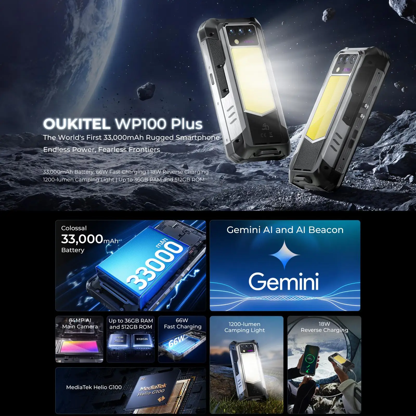 Oukitel WP100 Plus Rugged Phone 12GB+512GB Night Vision 33000mAh 6.8'' Android 16 MTK G100 NFC 4G Camping Lighte NFC Smartphone