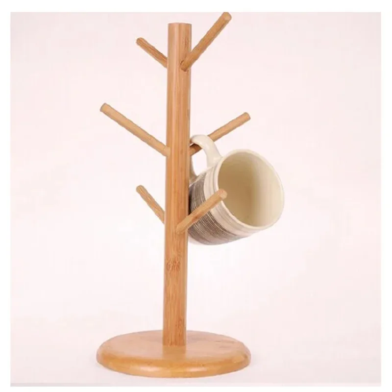 Cup Storage Holder Tree Shape Wood Coffee Tea Cup Storage Holder Stand Mug Hanging Display Rack Drinkware Shelf 6 Hooks 1 Set