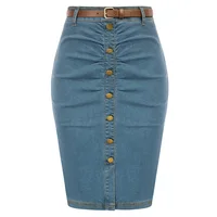 BP Women Vintage Jean Skirt With Belt High Waist Ruched Front Bodycon Skirt