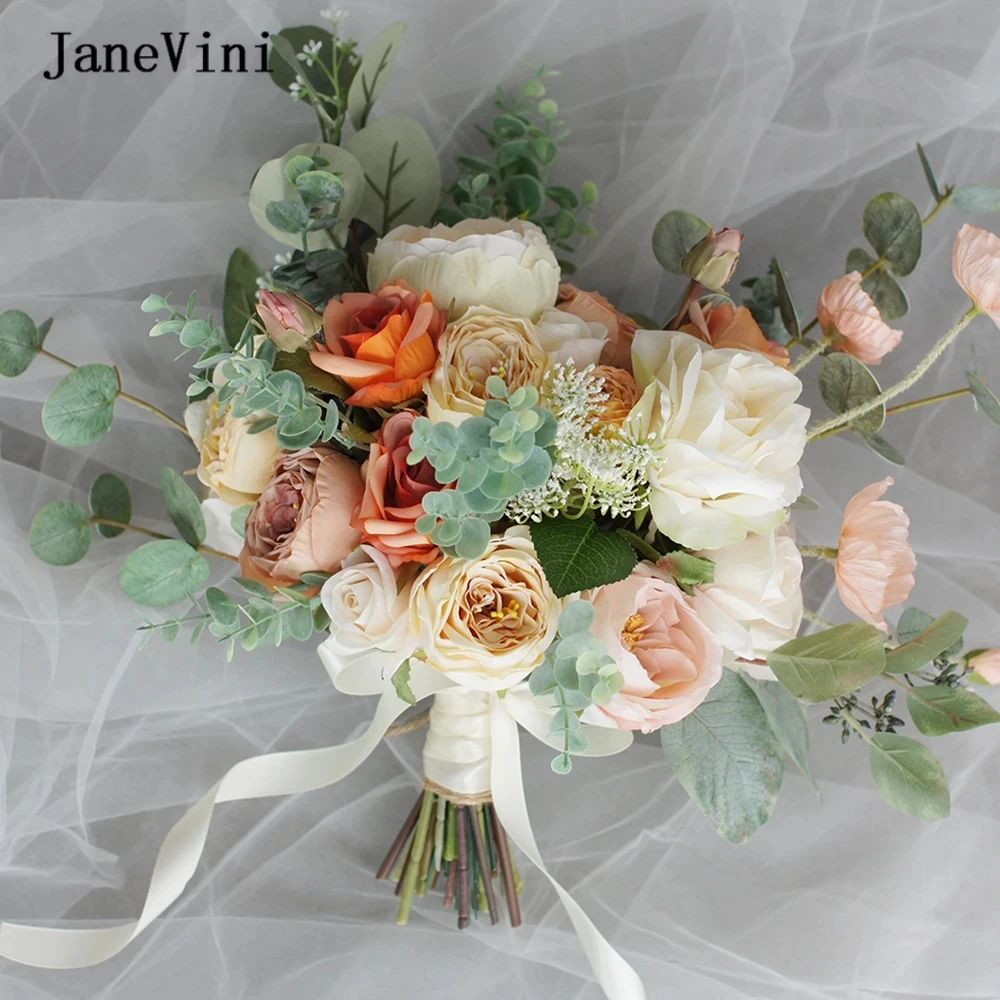 

JaneVini Ins Orange European Bridal Bouquets Artificial Eucalyptus Silk Roses Garden Flowers Hydrangea Outdoor Wedding Bouquet