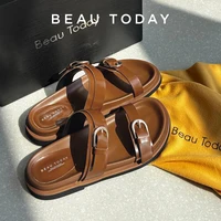 BEAUTODAY Casual Slippers Women Genuine Leather Solid Double Strap Summer Beach Ladies Brown Footwears Handmade 34085