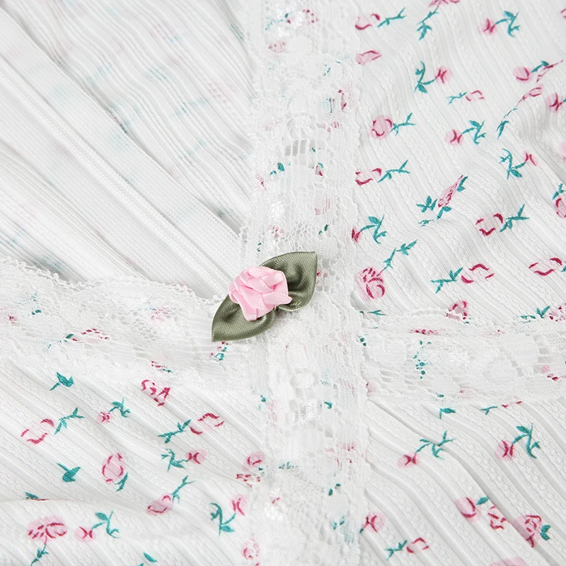 Mono de hada dulce y suave para mujer, con estampado floral, ribete de encaje, escote en V, manga larga, estilo coreano, moderno, bonito