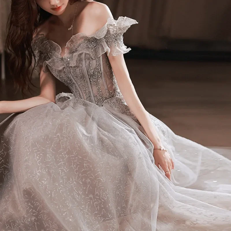Elegant Gray Flowers Evening Dress Off Shoulder Shiny A-line Ruched Lace Up Woman Formal Party Prom Gowns New vestido de festa