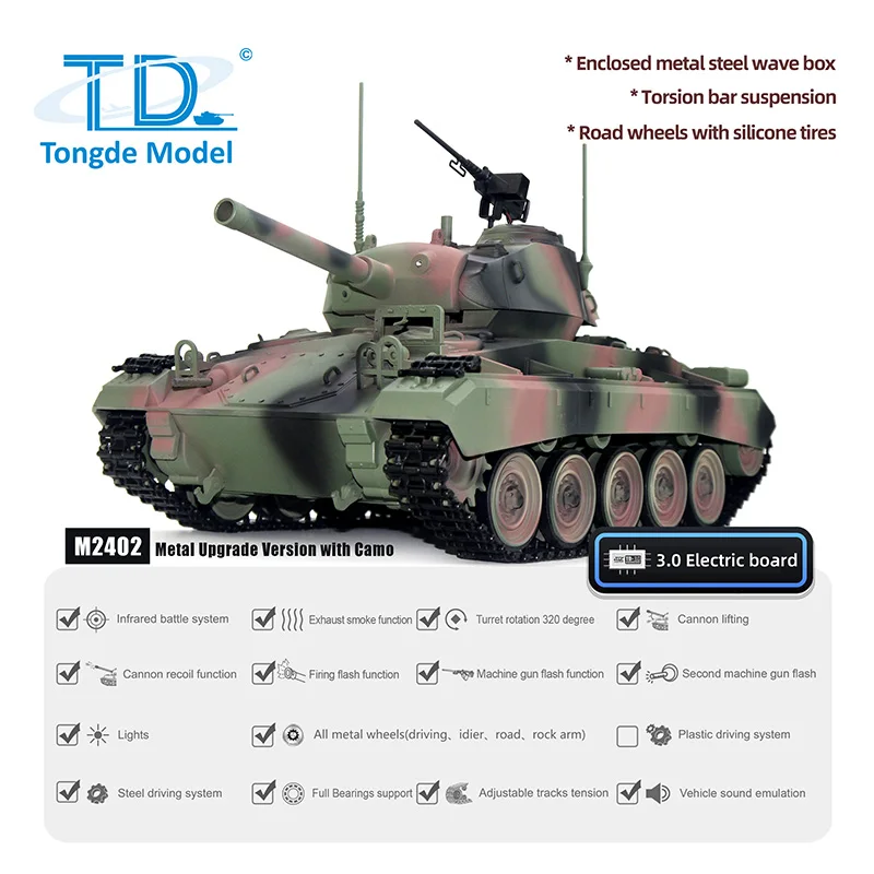 New Tongde M24 Chaffee 1/16 RC Light Tank Infrared Combating System Upgraded Wheels Radio Control Panzer Vehicle for Boy TH24485 4