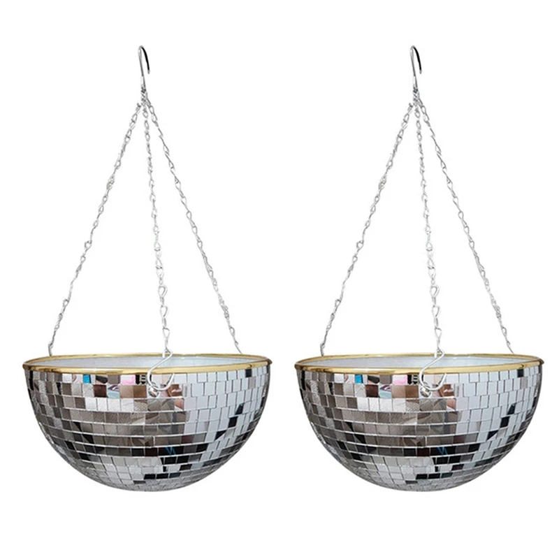 

2X Disco Ball Planter Shape Hanging Vase Flower Planter Pots With Drainage Mirror Hanging Basket Garden Decoration-XL