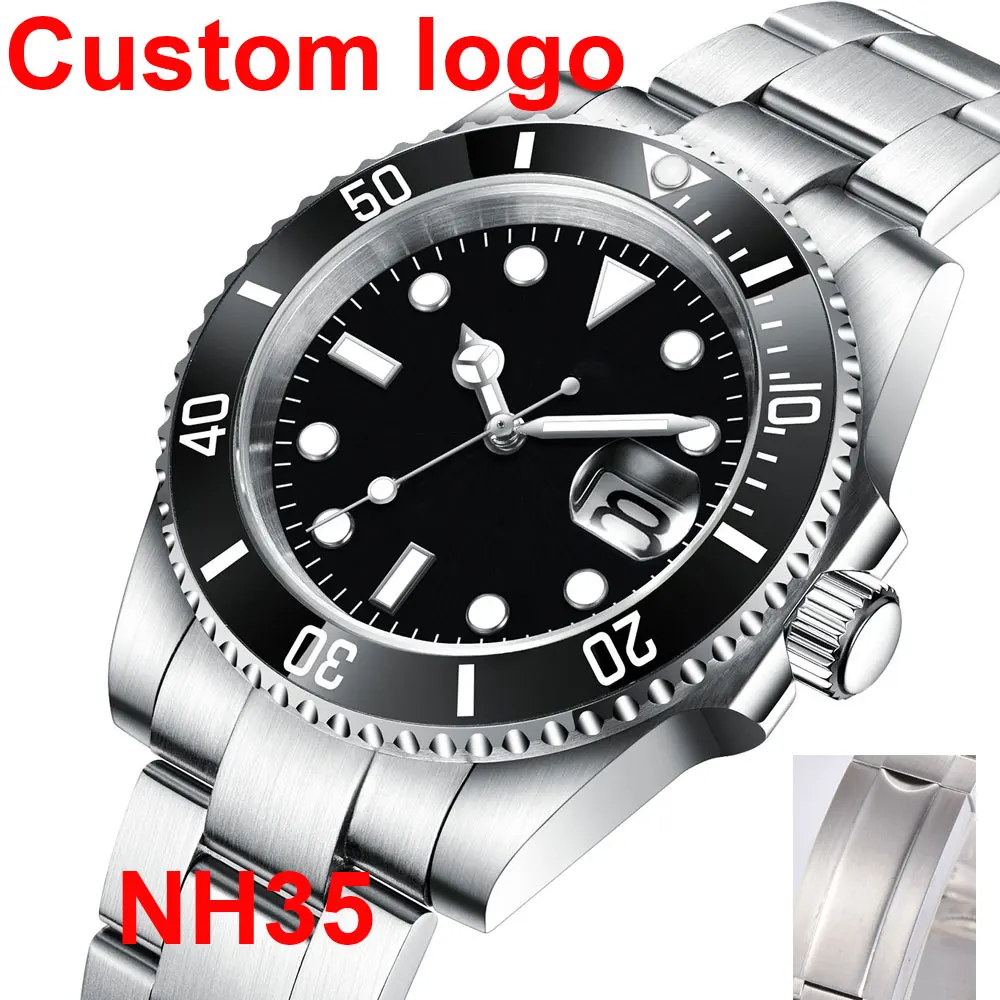 Mechanical watch DIY Custom Logo 40MM Sapphire 8215Automatic NH35 Mechanical Mens WristWatch Sterile Dial Ceramic 10Bar Luminous Sport Male Clock