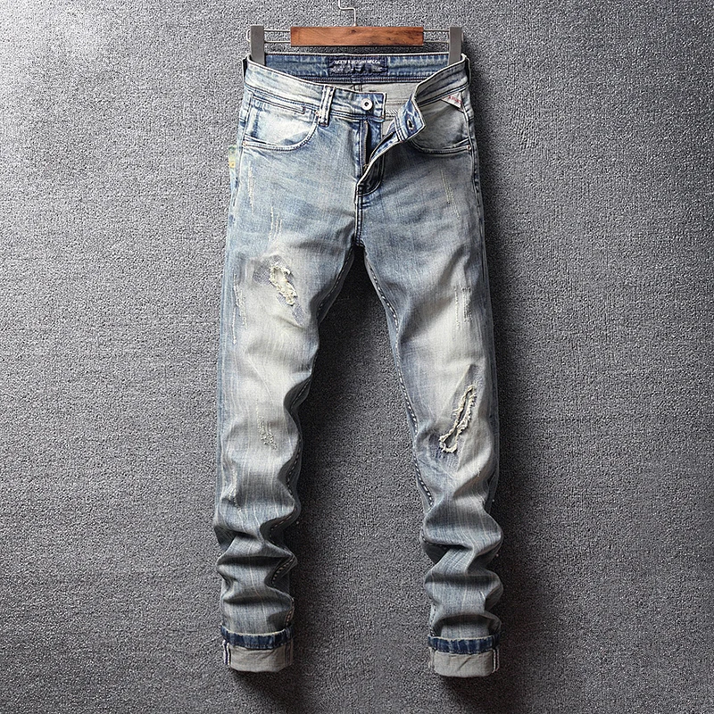 fashion designer men jeans high quality retro blue elastic slim ripped jeans men embroidery patched vintage denim pants hombre Fashion Designer Men Jeans High Quality Retro Light Gray Blue Elastic Slim Fit Ripped Jeans Men Patched Vintage Pants Hombre