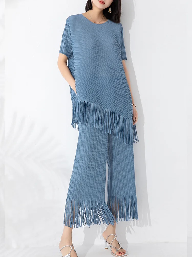 

Fashion temperament suit women's round neck fringe top high waist fringe wide leg pants two-piece set