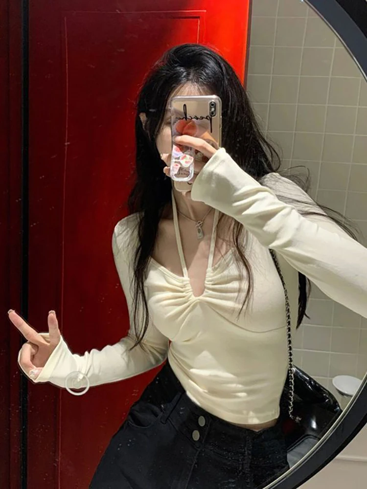 Haruku Lace Up T Shirt Women Long Sleeve Crop Top Female Sexy V Neck Slim Tees Summer Streetwear Ladies Tshirts Korean793_voghion.com