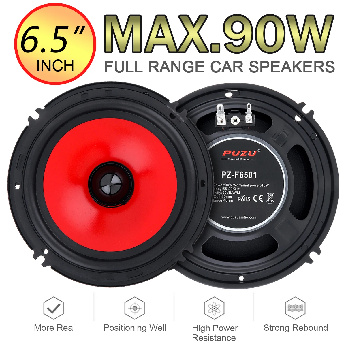 

2pcs Car Audio Speaker 6.5Inch 90W Full Range Frequency Heavy Mid-bass Ultra-thin Modified Speaker Non-destructive Installation