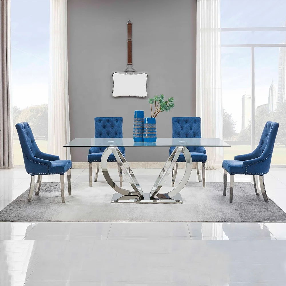 

Dining room table and 6 chairs set furniture stainless steel designs tempered glass dining table