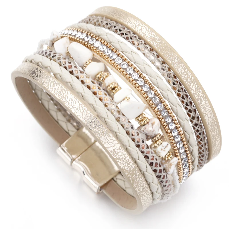 ALLYES Natural Stone Leather Bracelet Women Charm Retro Multilayer Crystal Snake Skin Wide Bracelets & Bangles Jewelry Gifts