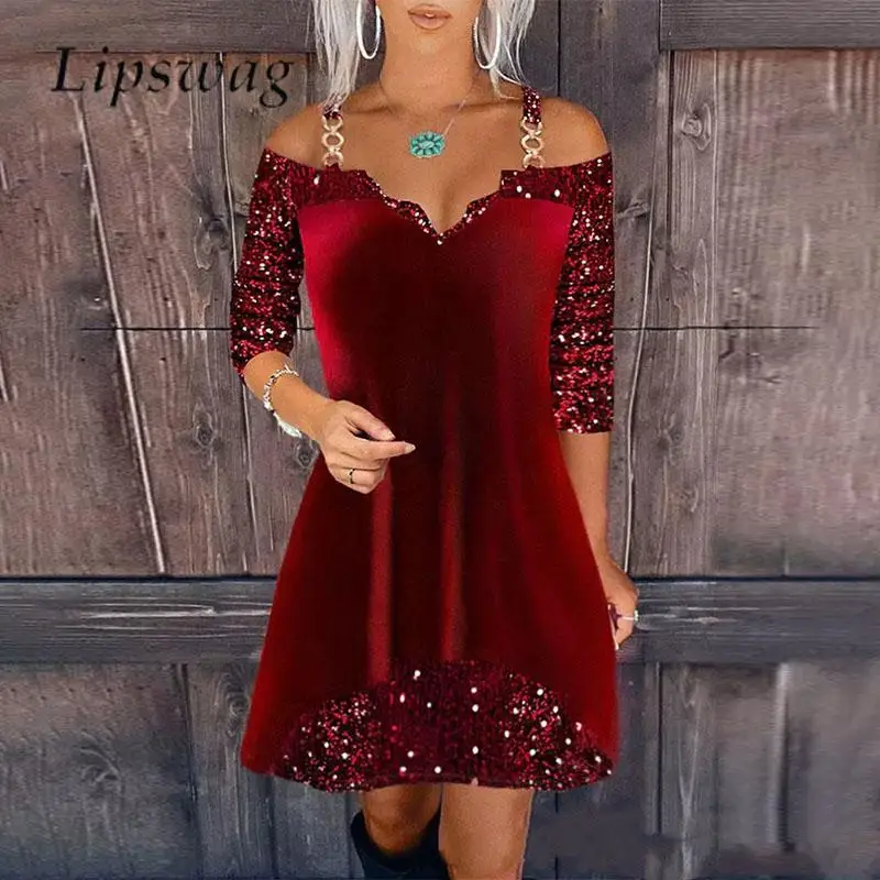 

Fashion Women V Neck Half Sleeve Loose Dress Casual Ladies Sequin Velvet Patchwork Dress Autumn Sling Off Shoulder Mini Dresses