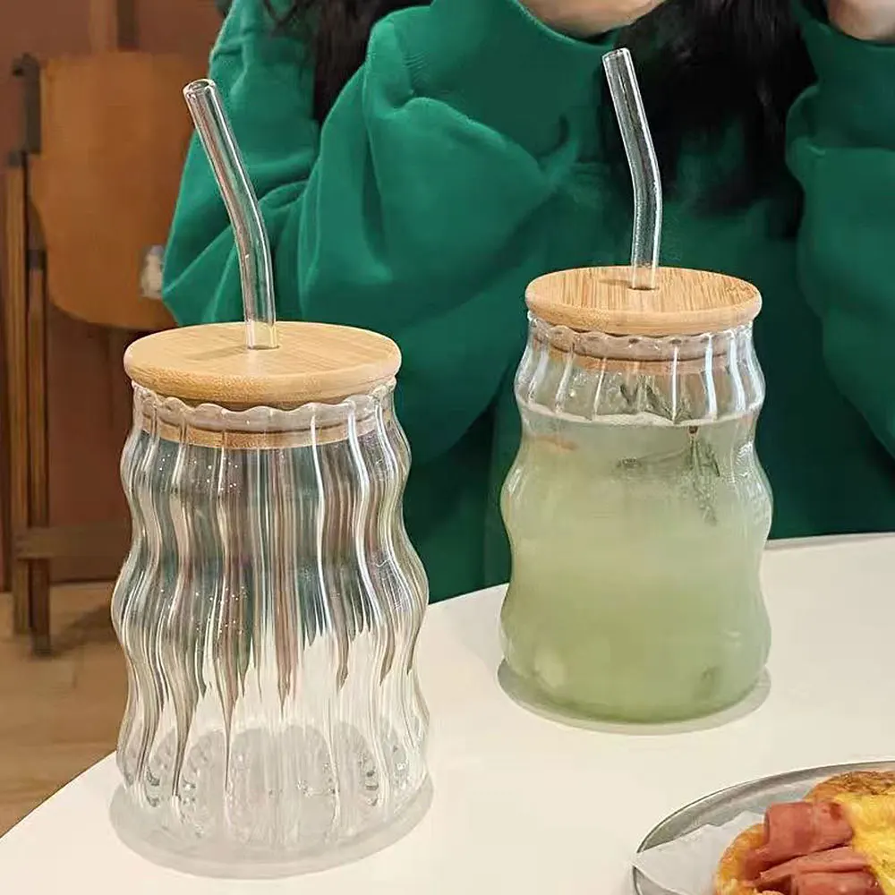 500ML Glass Cups With Lid and Straw Mason Jar Clear Juice Milk Cup With  Bamboo Lids Drinkware Simple Stripe Juice Milk Mocha Cup - AliExpress