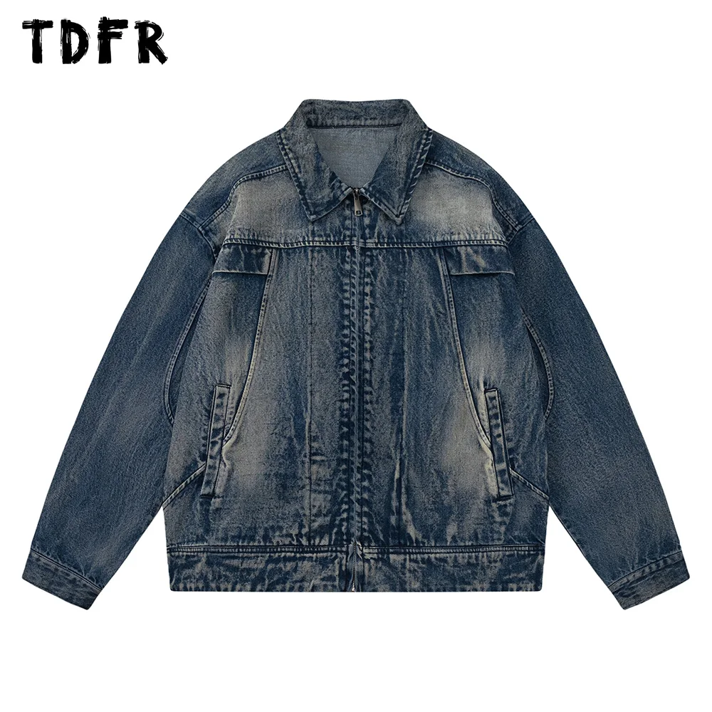 

Spliced Denim Jacket Mens Autumn Washed Distressed Casual Loose Lapel Long Sleeve Zipper Outerwear Men