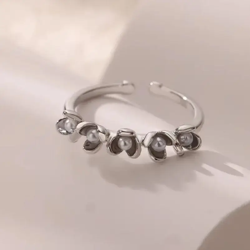 Stainless Steel Cubic Zirconia Flower Adjustable Ring for Women