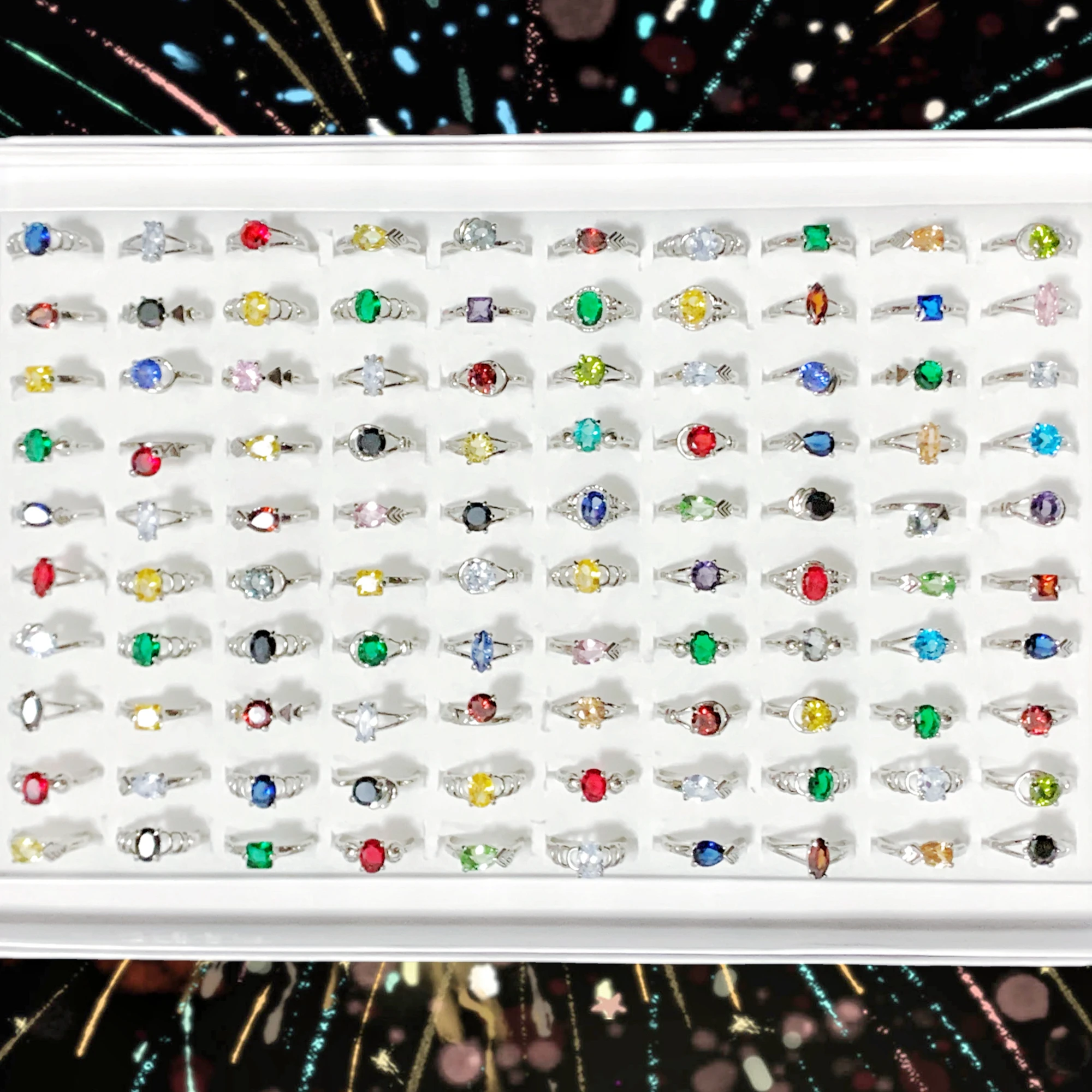 Wholesale 20/30/50pcs Colorful Crystal Zircon Women Wedding Finger Rings Copper Plated Silver Engagement Size 6-9 Trendy Jewelry