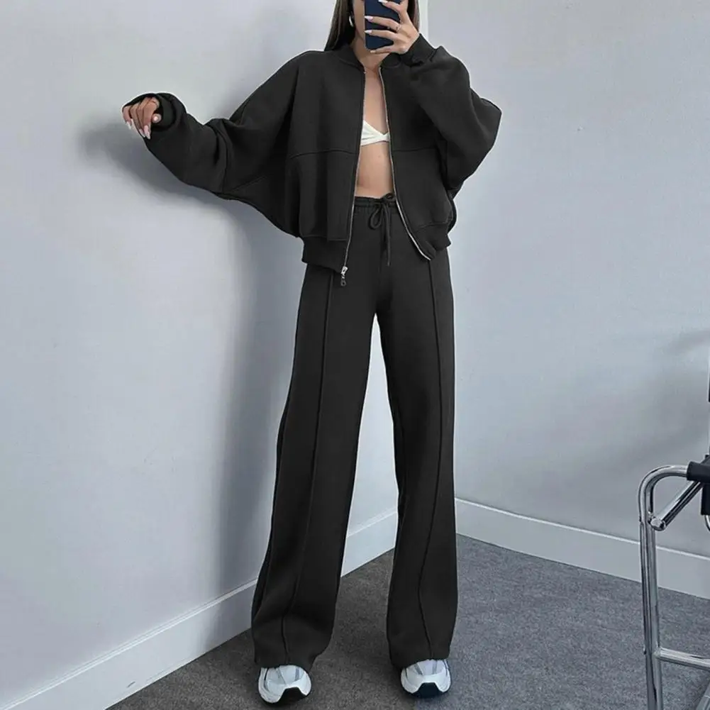 Women Coat Pants Set Stand Collar Zipper Closure Long Sleeve Jacket High Elastic Waist Wide Leg Pants Solid Color Lady Tracksuit