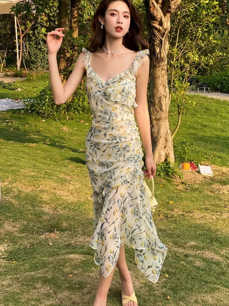 2023 Summer Sweet Floral Midi Dress Women Beach Printed