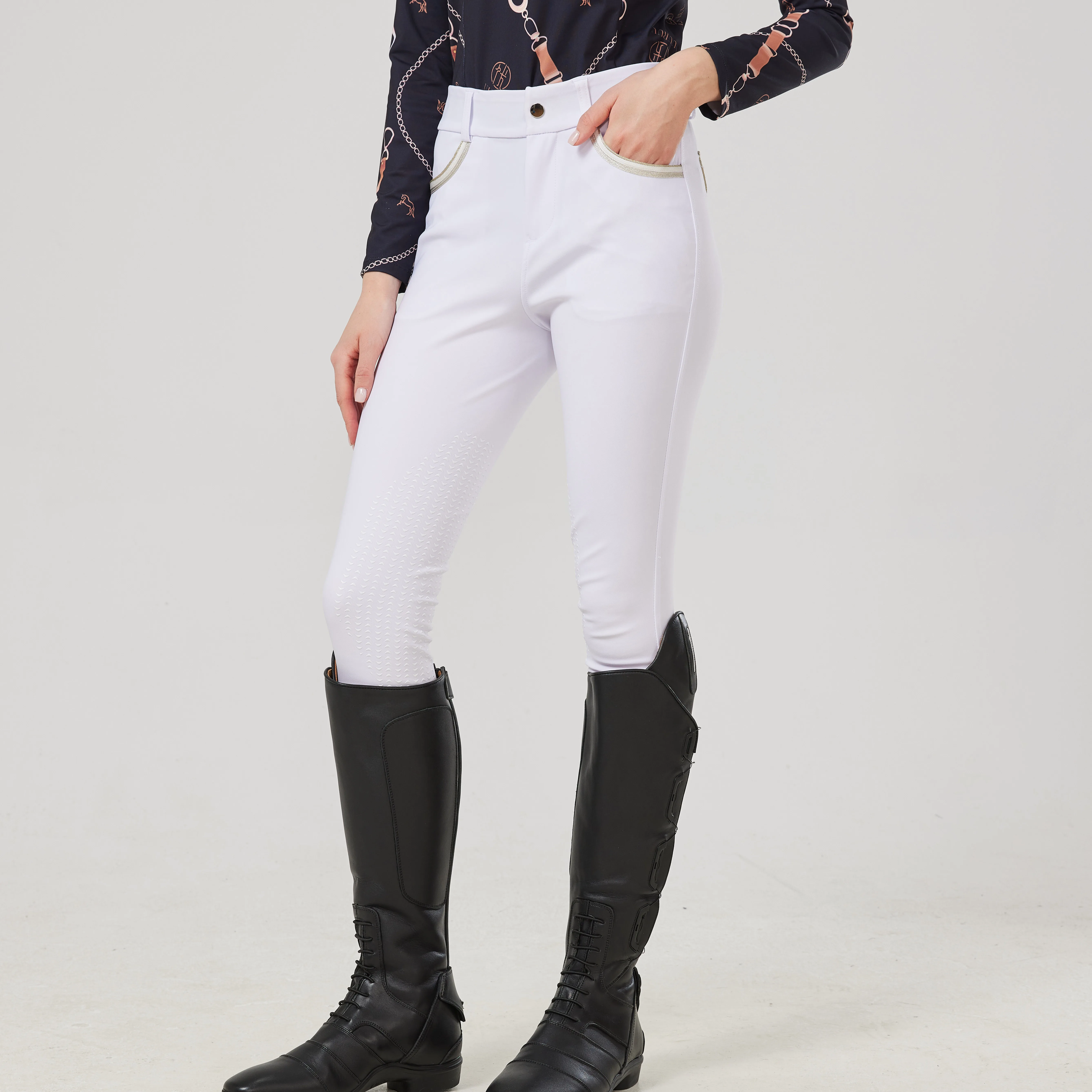 Woven fabric half silicone equestrian pants, women's riding pants, white silicone pants, woven elastic small wear resistance. 4