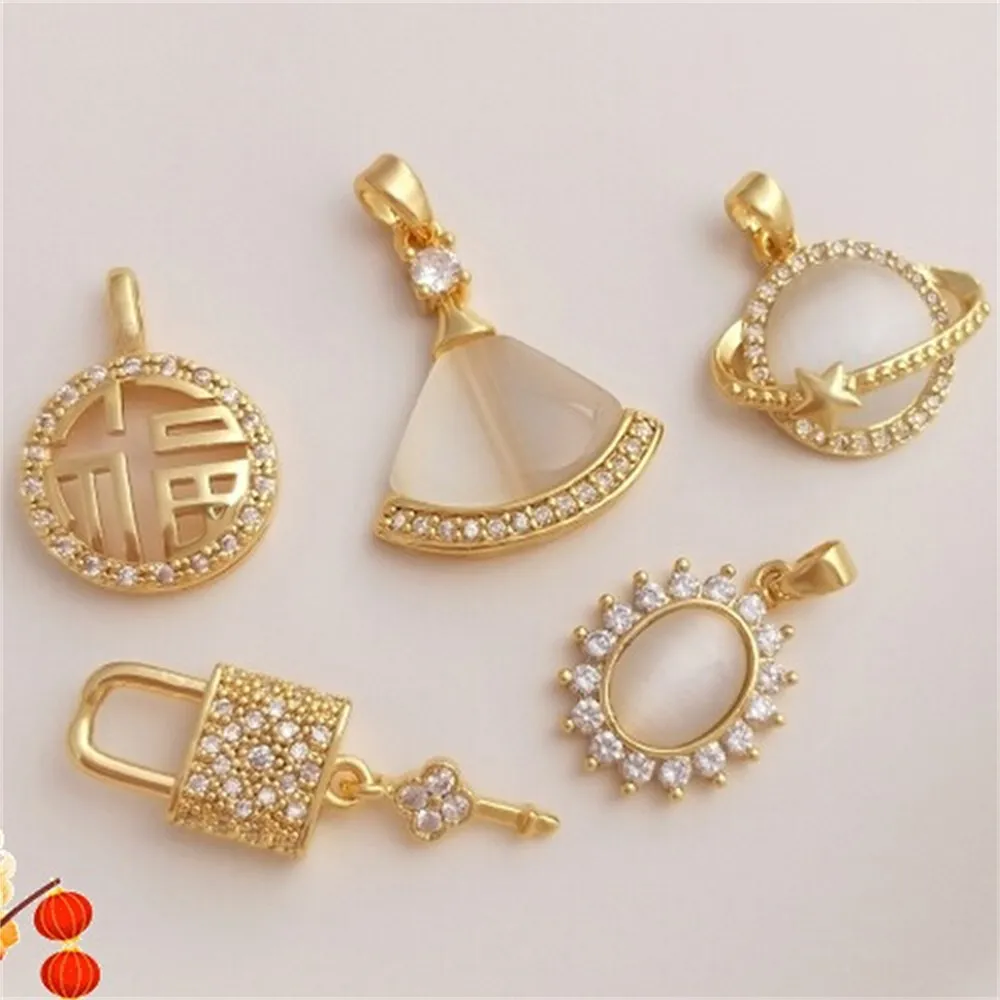 Copper Plated 14K Real Gold Set with Zircon Cat Eye Planet Pendant, Key Lock, Fan-shaped Oval DIY Necklace Charm Pendant K328