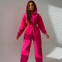 

2022Fleece Lined Hoodies Jumpsuit Winter Sportwear Rompers Tracksuits Women Elegant Zipper One Piece Outfit Long sleeve Overalls