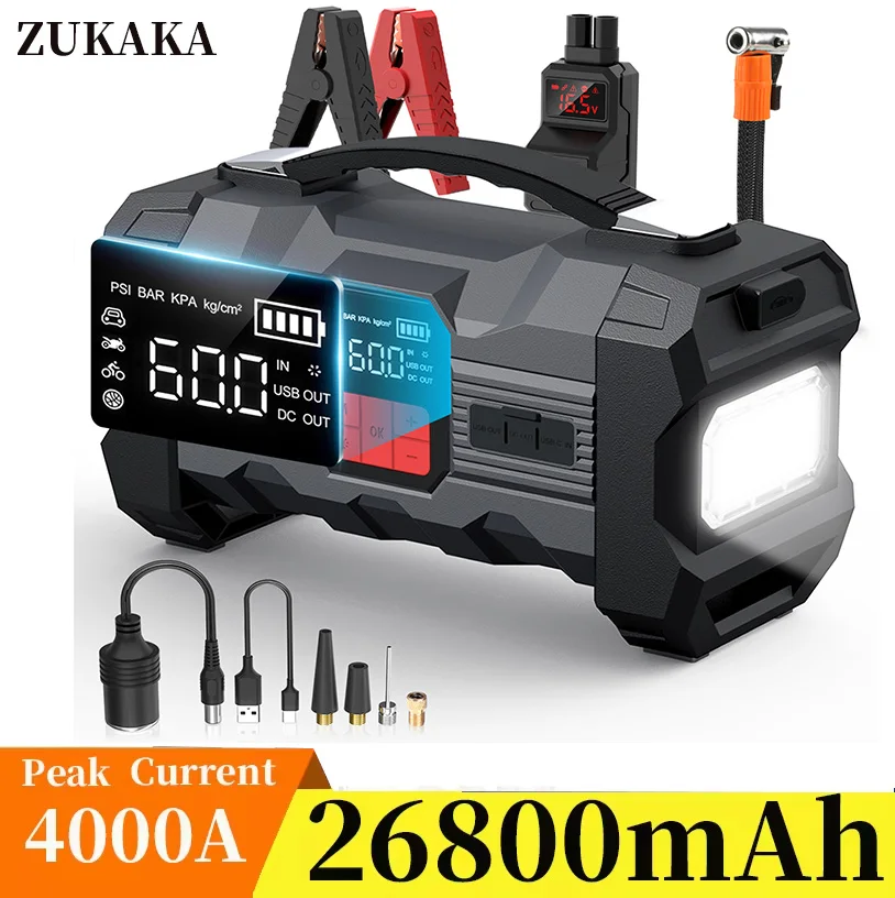 Car jump starter jump starter ZUKAKA car jump start air compressor 26800mAh power bank portable battery booster digital tire inflator with 160W DC out