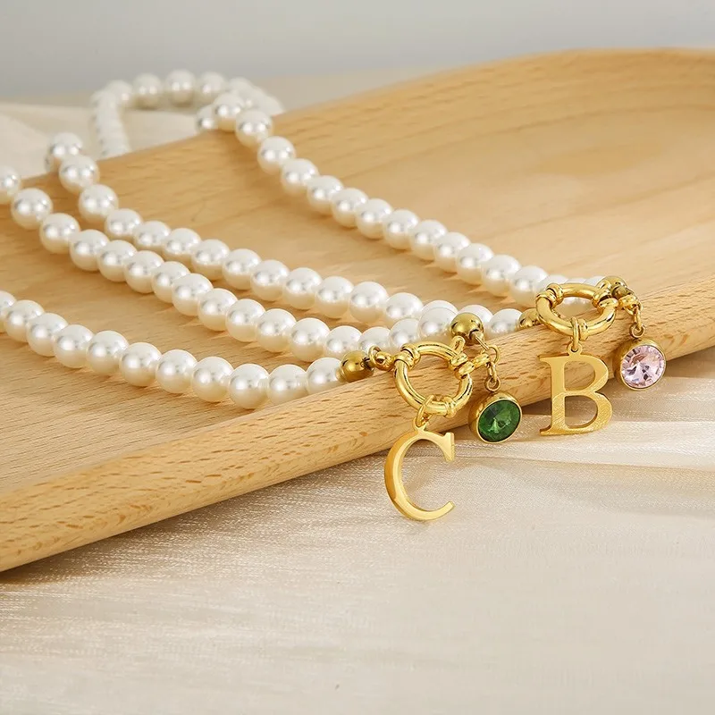 Luxury Pearl Necklace Stainless Steel Bohemia Necklace For Women Letter A-Z Pendant Girl Charm Grass Chain Wedding Party Jewelry