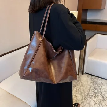 Borsa tote da donna Borsa a tracolla in morbida pelle di grande capacità stile coreano Borsa a secchiello retrò casual tenuta a mano 2025 Однопphp ume сумка