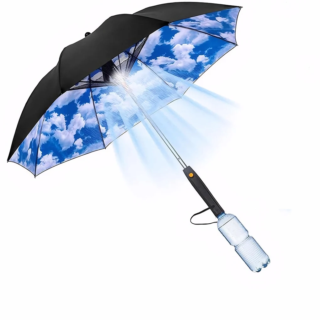 Portable Umbrella For Outdoor Protection Waterproof Materials 3-in-1 Umbrella With Fan And Sprayer Blue and white cloud