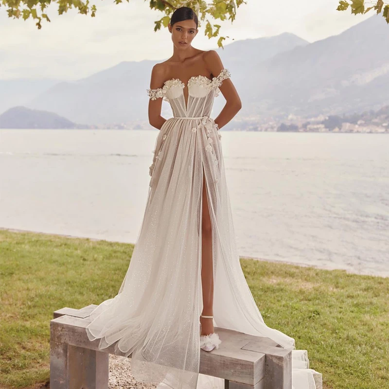 

Элегантное свадебное платье А-силуэта с открытыми плечами платье с аппликацией в стиле бохо пляжное платье принцессы искусственное свадебное платье