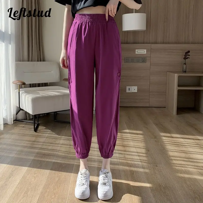 

Bloomers Solid Casual Buttons Elastic High Waist Women's Pants 2022 Summer Thin Korean Fashion Ankle-Length Pants for Women