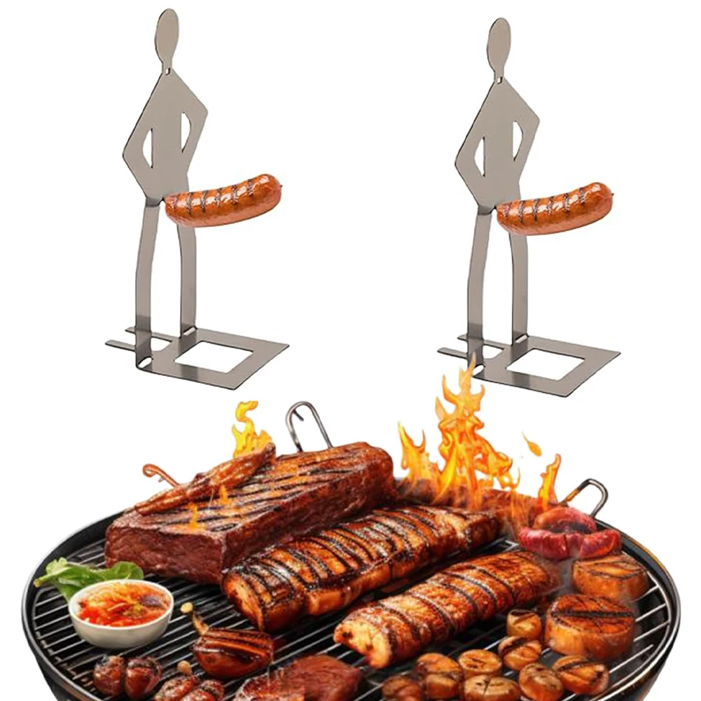 Stainless Steel BBQ Sausage Roaster Holder Funny Standing Man Sausage Rack for Camping Picnics Hotdog Holder Grill Accessories