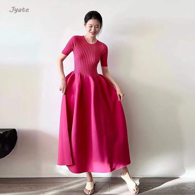 

2024 New A-line Knit Patchwork Vestidos O Neck Short Sleeve Fashion Long Dress Solid Color Loose Chic Summer Women Dresses