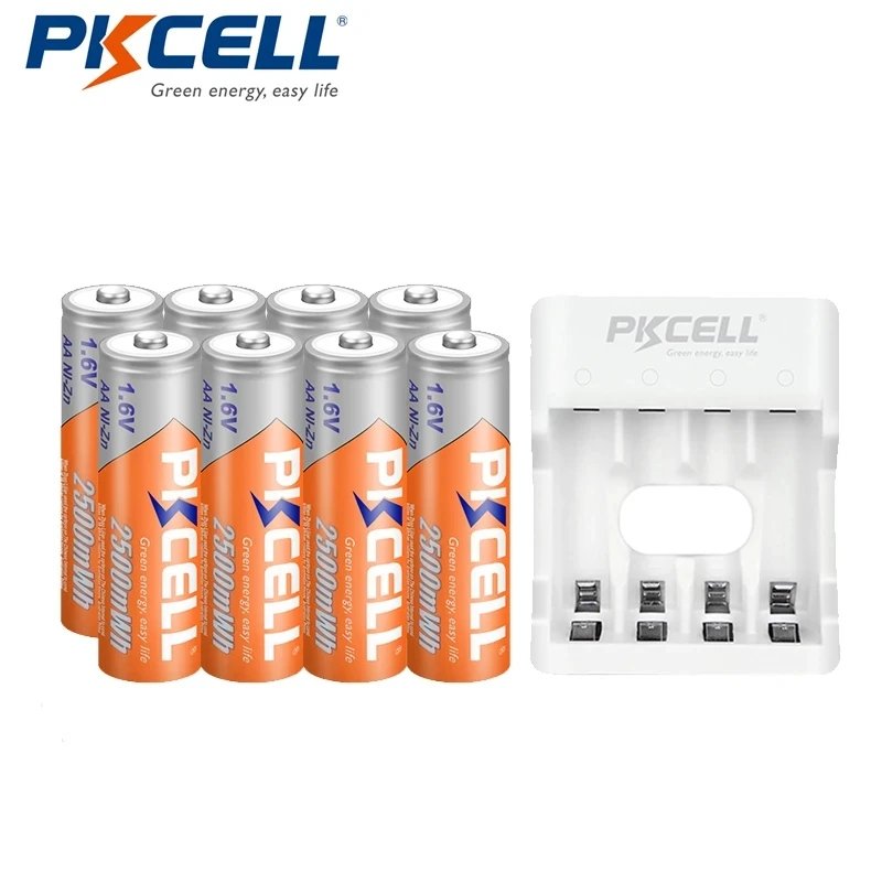 

Аккумуляторная батарея PKCELL AA, 8 шт., 1,6–1,9 В, 2500 мВтч, батареи NIZN, зарядное устройство NIZN, зарядка 2A, батарея для игрушечной камеры с коробкой