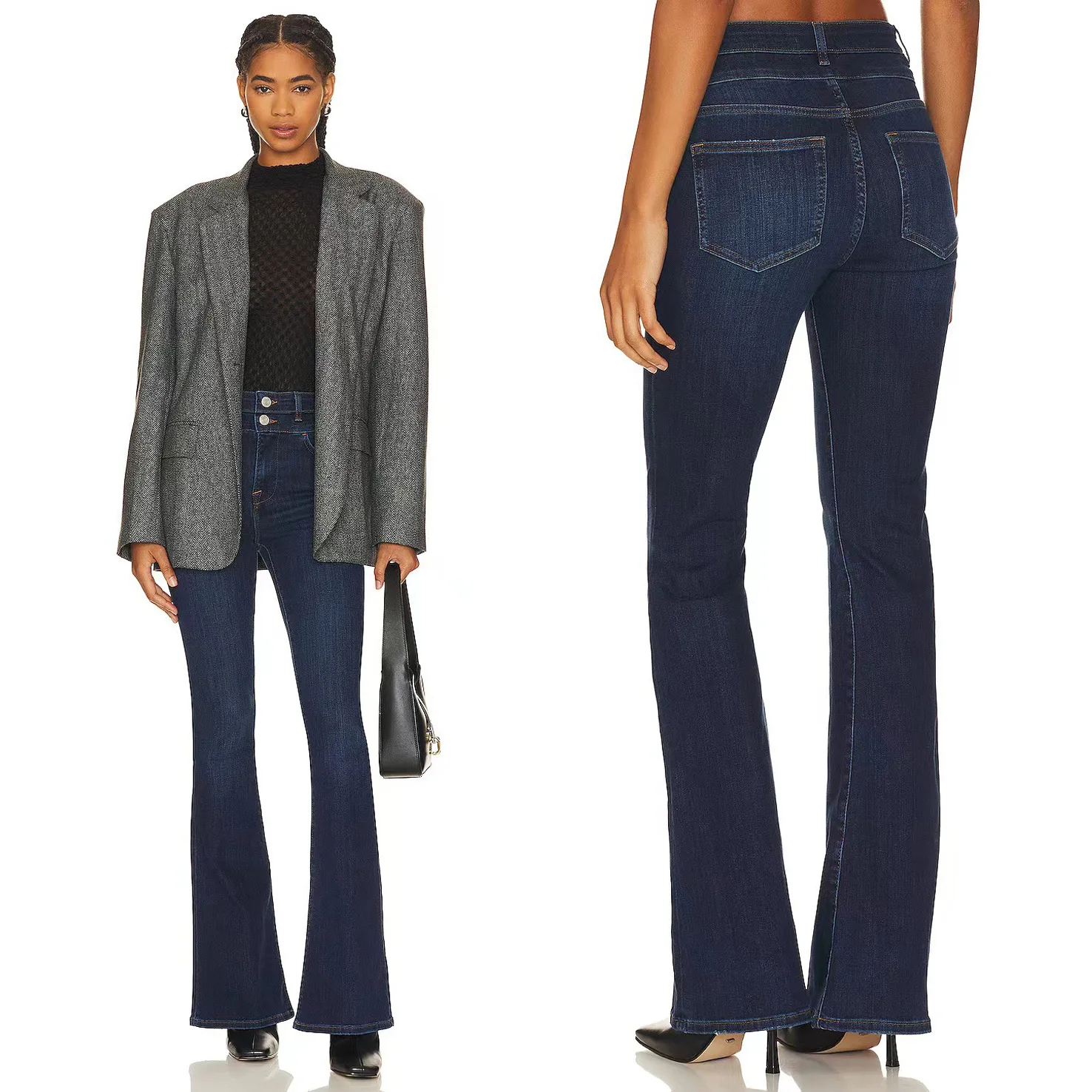 Early Spring New European and American Fd Same High Waist Double Dark Blue Slim Horn Trousers Women