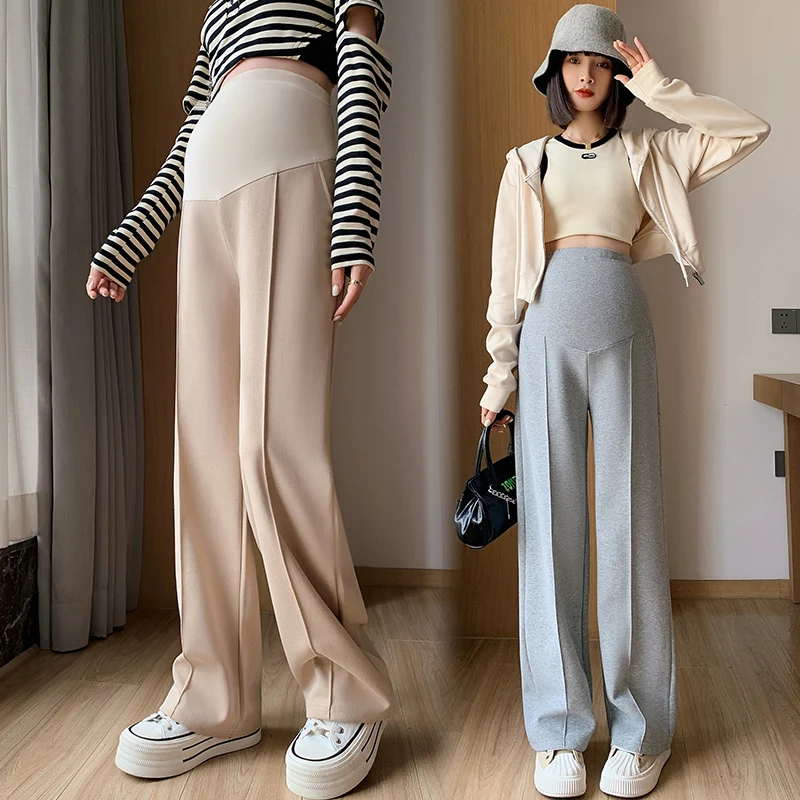 828# Autumn Dense Maternity Long Straight Pants Wide Leg Loose Straight High Waist Belly Trousers Pregnant Women Pregnancy maternity pants