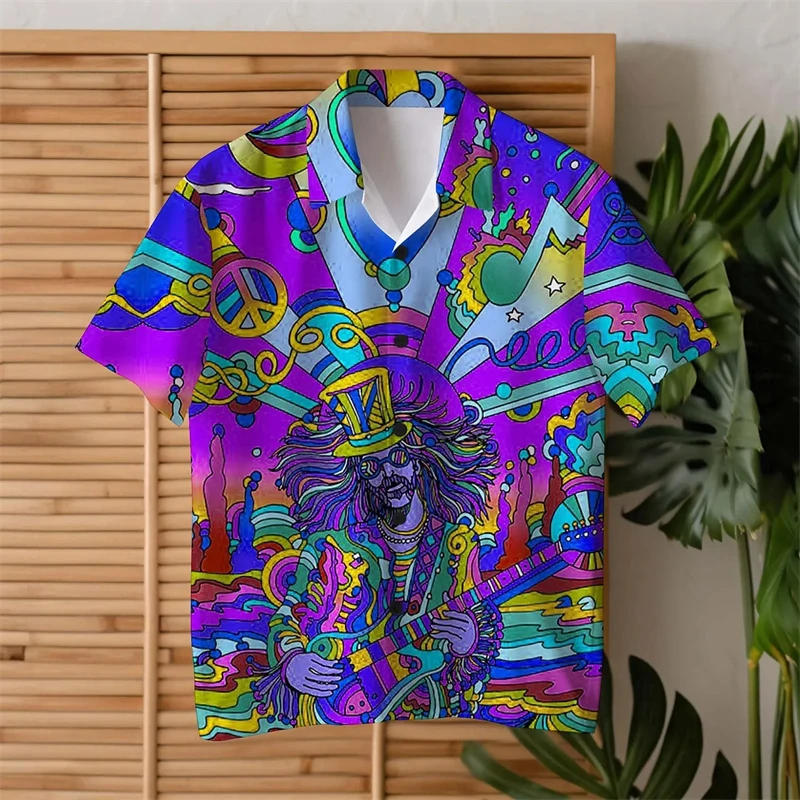 Colorful Guitar Hippie Men\'s Shirts Summer Fashion Streetwear Men Women T-shirt Ropa Hombre Daily Casual Short Sleeve Lapel Tops