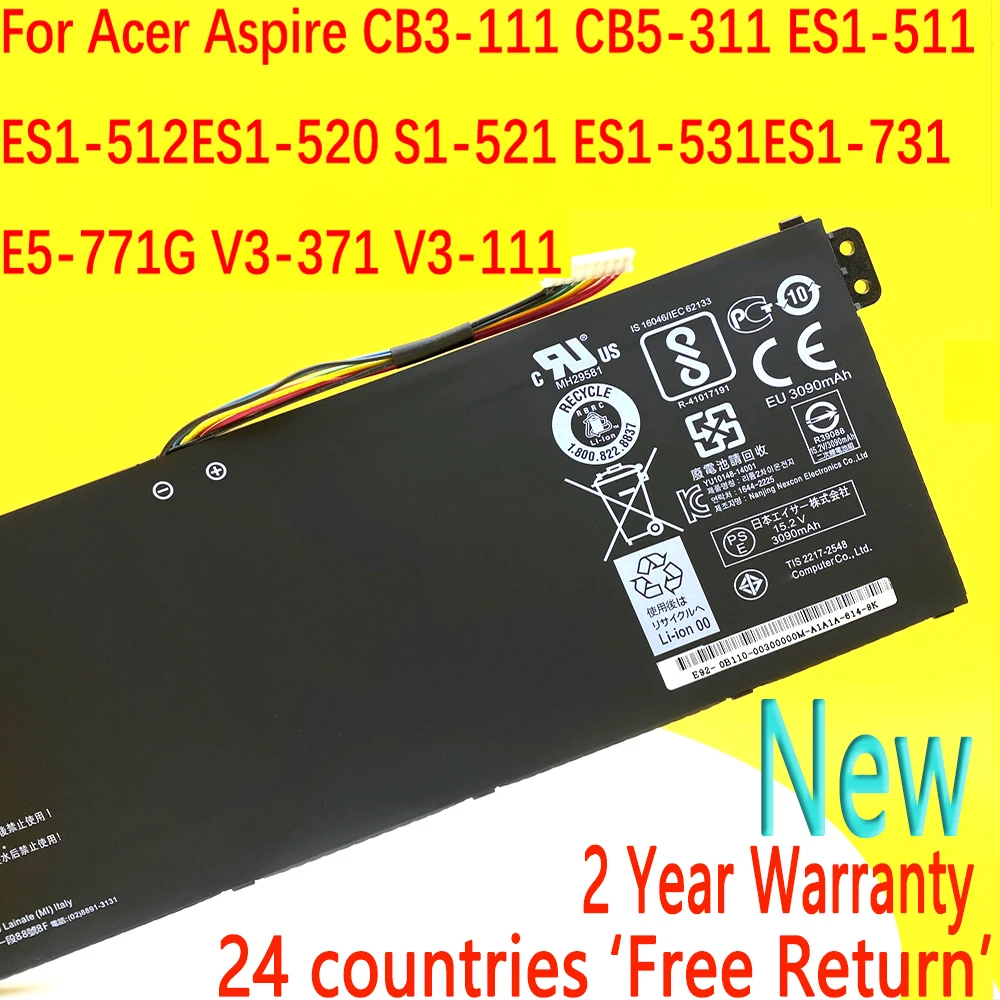 Nova Ac14b8k Ac14b3k para Acer E3111 E3-112 Es1511 Es1-512 E5771g Cb3-111 Cb5311 V3-111 V3-371 Es1-711 Bateria do Portátil 15.2v