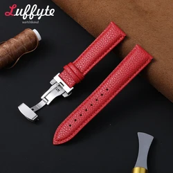 Luxury Leather Watch Strap with Lychee Pattern and Butterfly Buckle - Elegant Black, Brown, and Green Wristband - 22mm (Red)