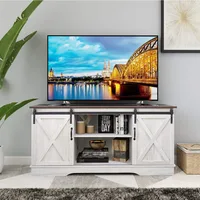 TV Stand, Storage Cabinet with Sliding Barn Doors and Adjustable Shelves, Modern 28”H, Sargent Oak 1