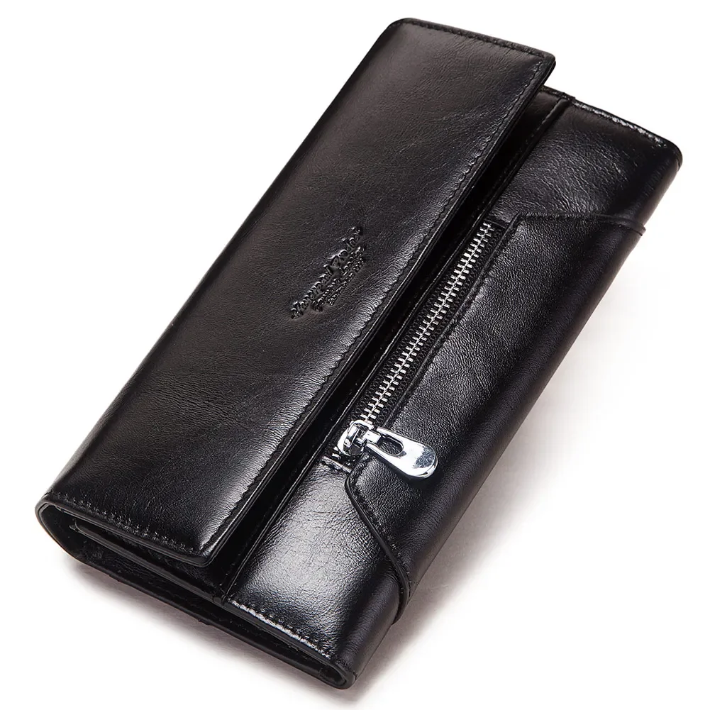 Portafoglio Tri-Fold Donna In Vera Pelle Con Protezione RFID - 16 Scomparti Per Carte E Banconote, Chiusura A Bottone