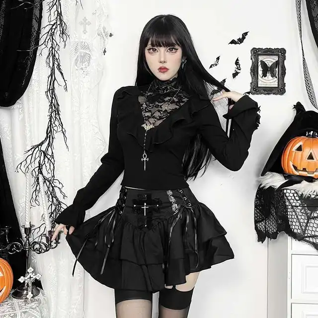 Gothic Dark Ruffle Lace Patchwork Blouse Slim Street Stand
