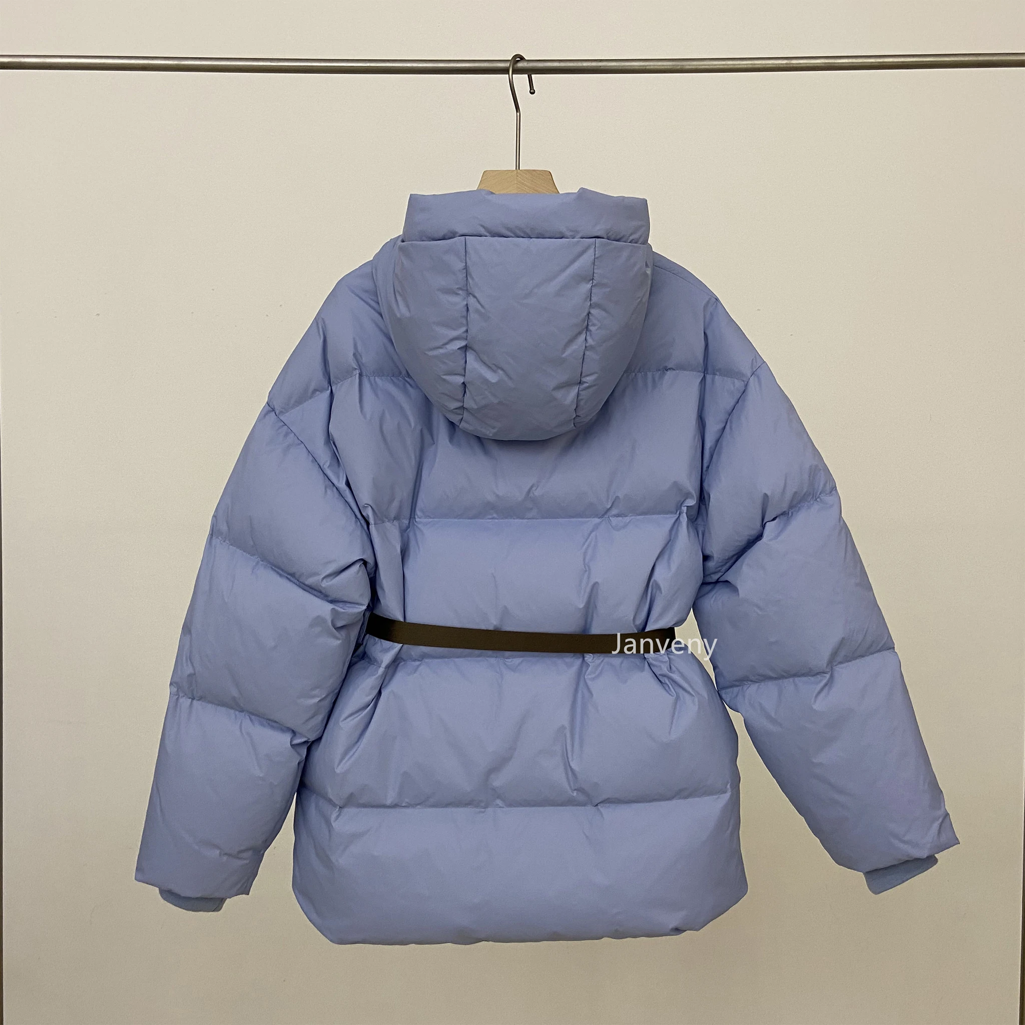 Janveny Winter Luxury Fluffy Duck Down Jacket Women Fashion Black Zipper Puffer Coat Casual Female Slim Feather Parkas With Belt