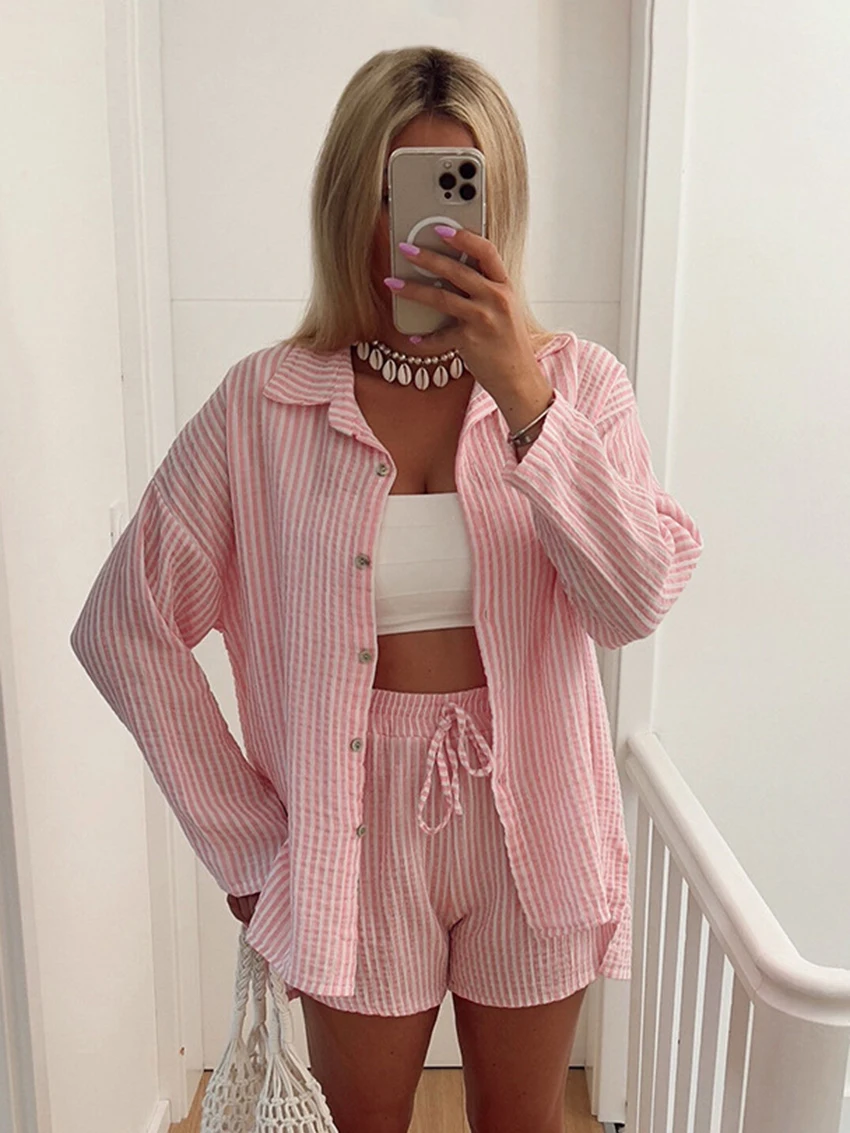 Mathaqiqi 2024 New Striped Ladies Sleepwear Set Sexy Turn-Down Collar Pajama Long Sleeve Nightgowns Shorts Casual Nightwear Suit